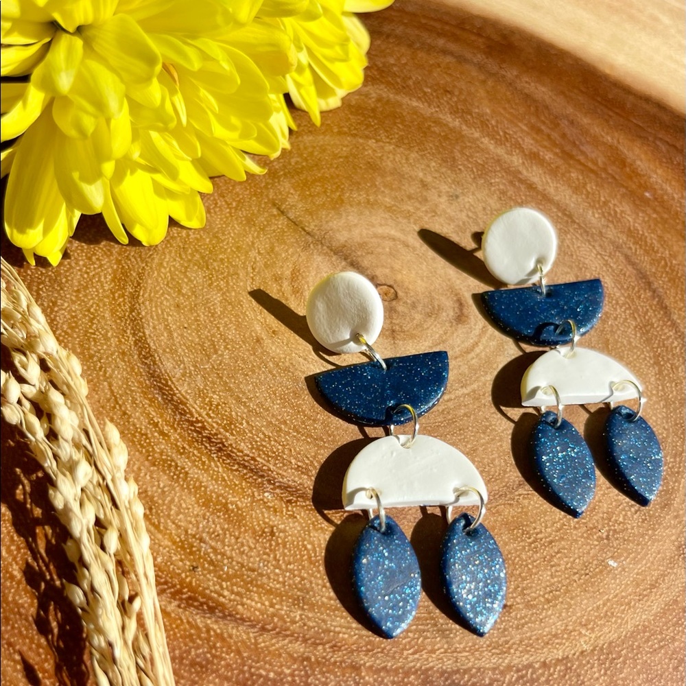 Blue and white clay earrings
